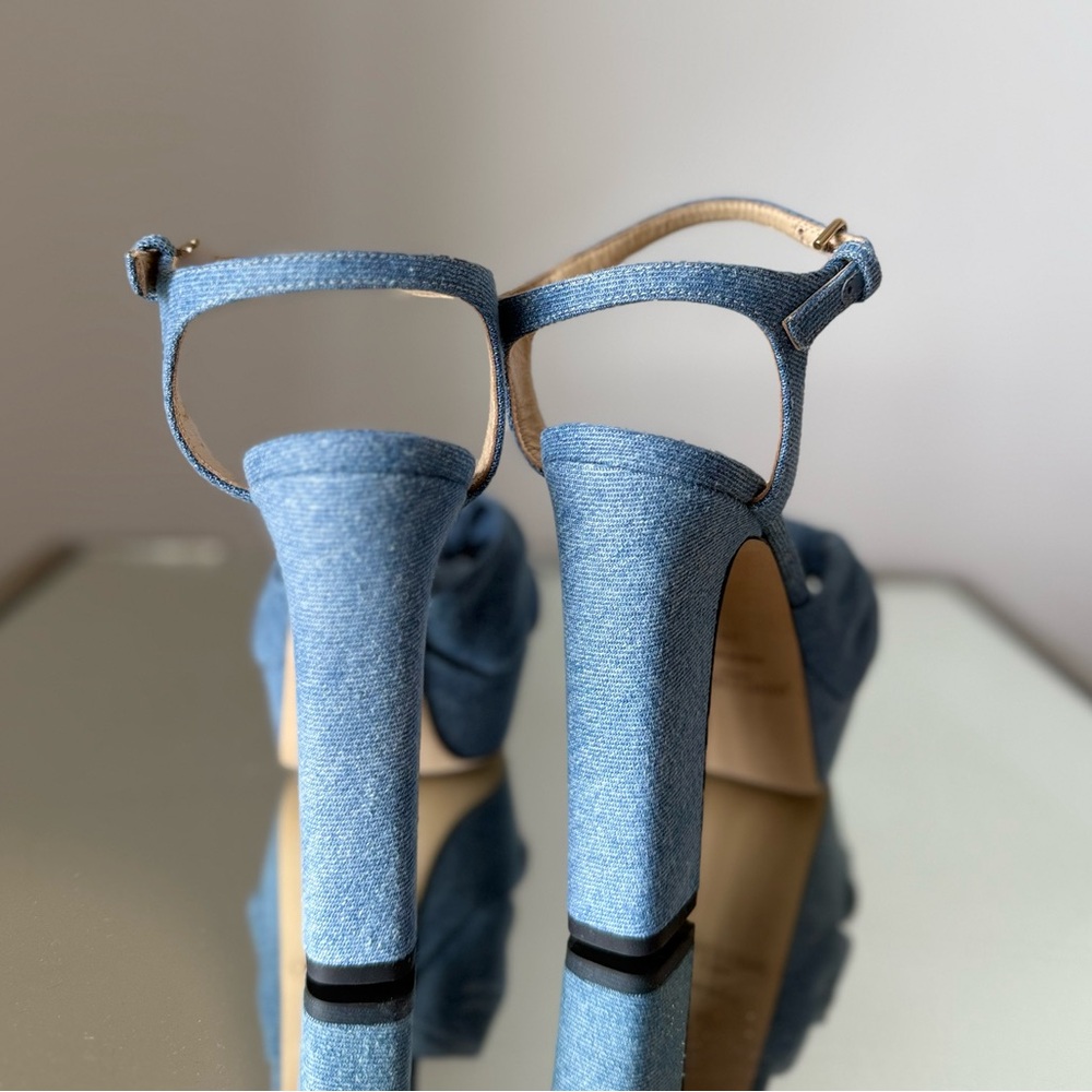 New JIMMY CHOO Heloise 120 Knotted Denim Platform Sandals 38 $995 - Picture 10 of 14